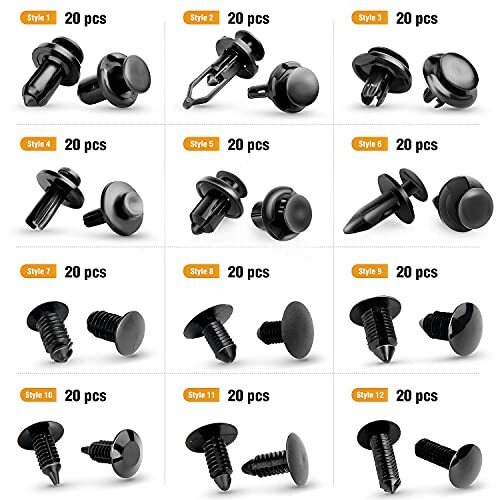 Set of various automotive fastener clips in 20 pieces each, styles 1 to 12.