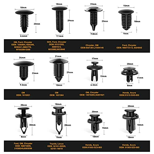 Assortment of automotive fasteners with sizes and compatible brands.