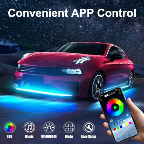 Car with app-controlled LED lights and smartphone interface.