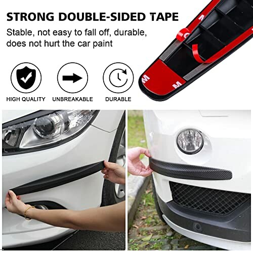 Car bumper protector being installed with strong double-sided tape.