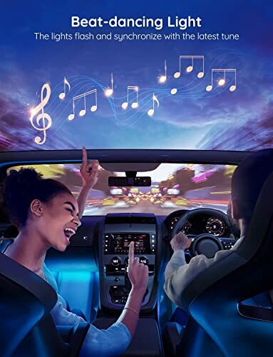 Two people in a car with music notes and lights.