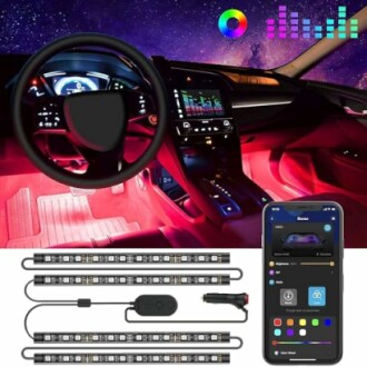 Car interior with LED ambient lights and smartphone control app.