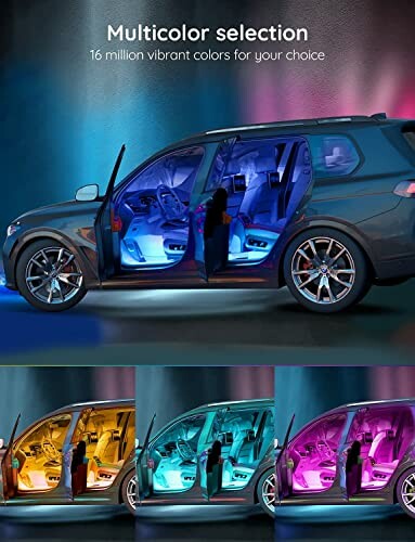 Car interior with multicolor ambient lighting and open doors.