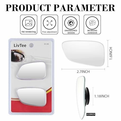 LivTee car mirror blind spot set with dimensions and features.