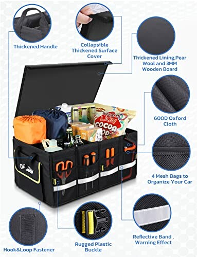 Car organizer showing compartments, thickened handle, collapsible surface, lining, Oxford cloth, mesh bags, and fastener.