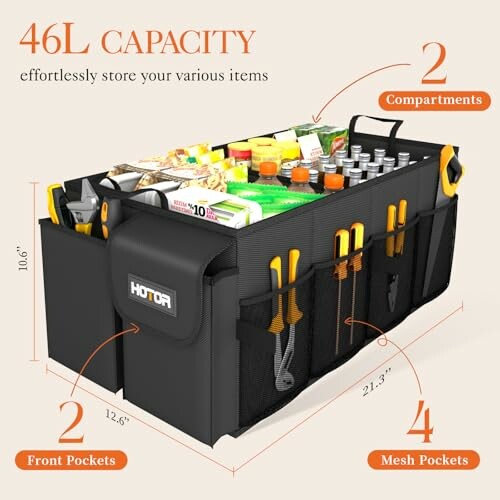 Car trunk organizer with 46L capacity, featuring 2 compartments, front pockets, and 4 mesh pockets.