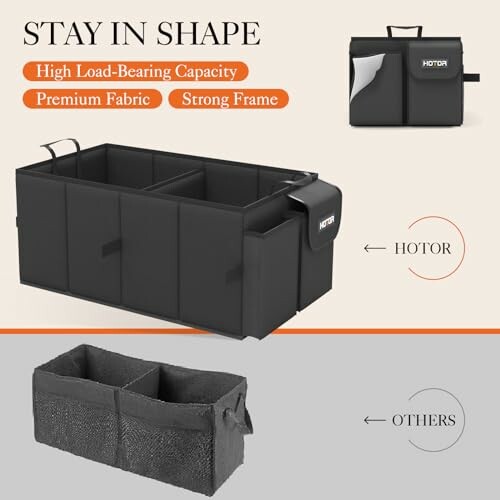 Car trunk organizer with strong frame and high load-bearing capacity.