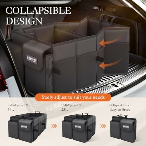 Collapsible trunk organizer with adjustable compartments.