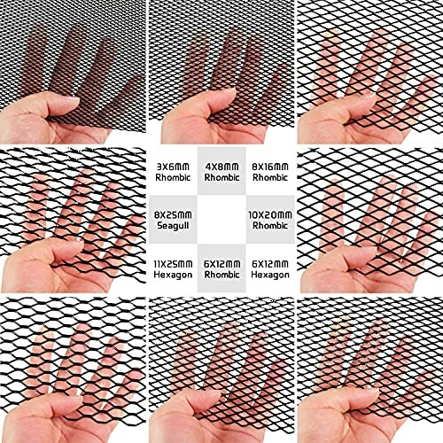 Various metal mesh samples with different patterns and hand for scale.