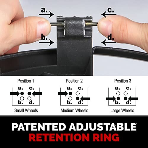 Diagram showing adjustable retention ring for small, medium, and large wheels.