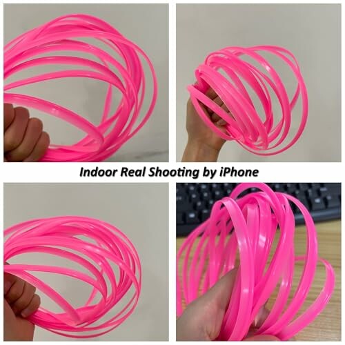 Collage of pink plastic tubing held in hand.