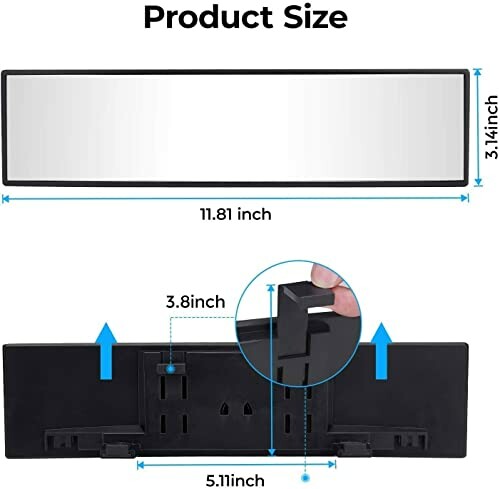 Dimensions of a rearview mirror with attachment mechanism.