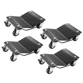 Set of four black wheel dollies with casters.