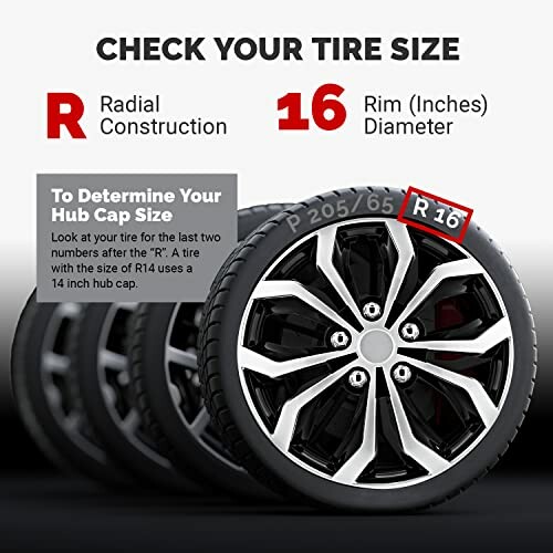 Guide showing how to check your tire size, highlighting radial construction and rim diameter.